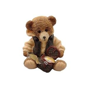Vintage Bear Basket of Fish Figurine Brown 4" Country Fishing Decor Resin Read